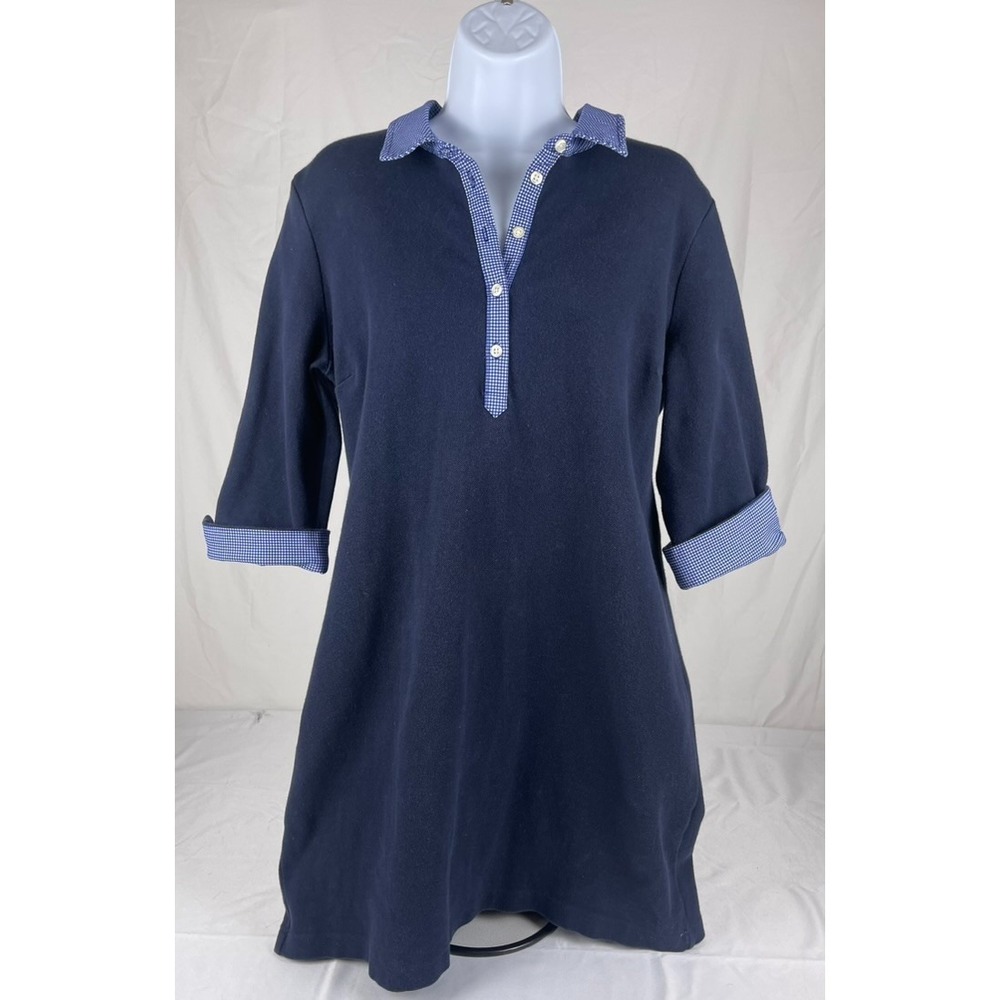 TALBOTS PETITES LP NAVY BLUE‎ A LINE DRESS GINGHAM COLLAR SHORT SLEEVE WOMENS